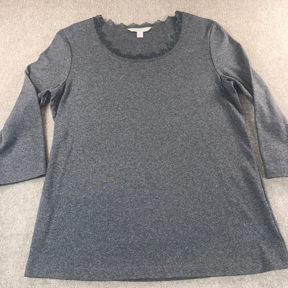 Laura Ashley Gray Lace Trim Scoop Neck 3/4 Sleeve Top Medium Heathered Charcoal